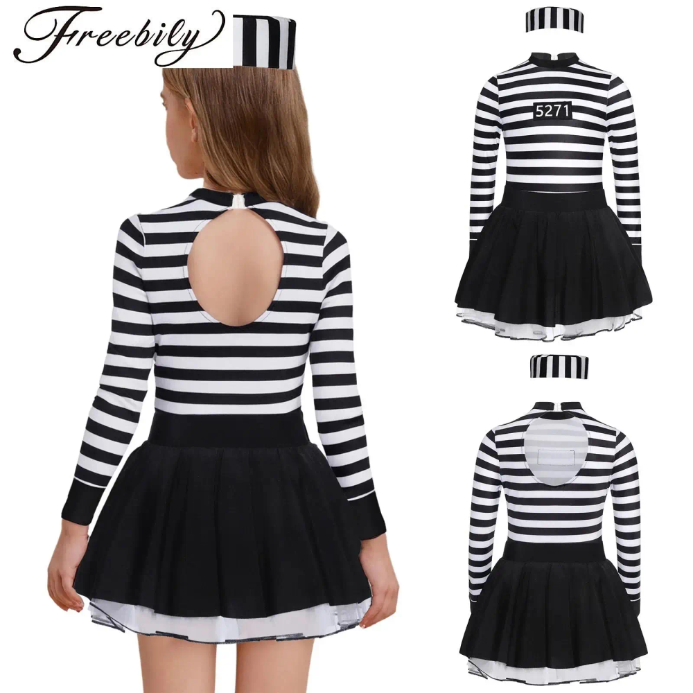 Girl Prisoner Costume Dress Long/Short Sleeve Ruffle Skirt Striped Puffy Ballet Tutu Dress Halloween Jailbird Convict Role Play Girl Prisoner Costume Dress Long/Short Sleeve Ruffle Skirt Striped Puffy Ballet Tutu Dress Halloween Jailbird Convict Role Play