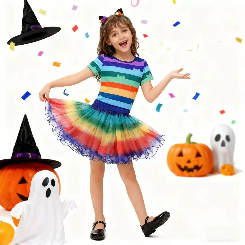 Girls Rainbow Striped T-Shirt Tutu Skirt With Cat Ears Headband Set Halloween Carnival Cosplay Costume Kids Birthday Clothing Girls Rainbow Striped T-Shirt Tutu Skirt With Cat Ears Headband Set Halloween Carnival Cosplay Costume Kids Birthday Clothing