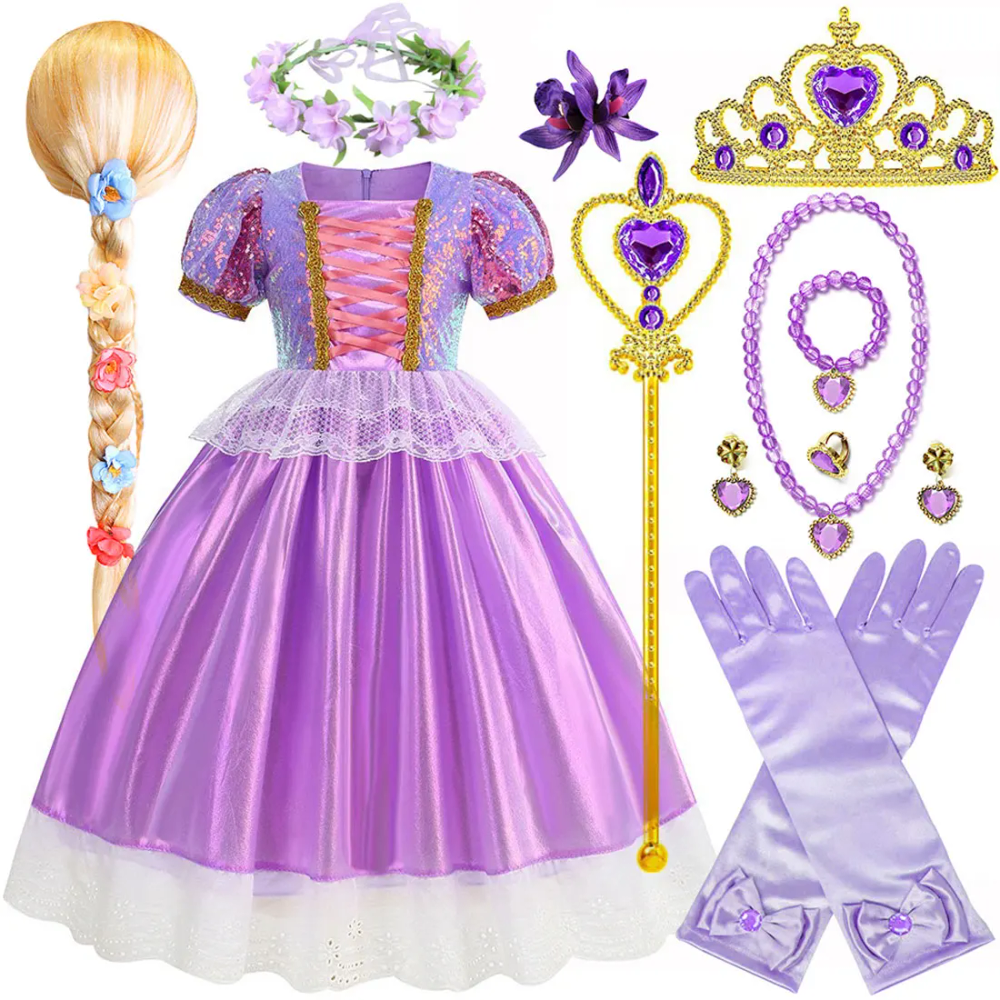 Disney Rapunzel Girl Cosplay Dress Summer Party Out for Leisure Purple Cute Short Sleeve Dress + Accessories Set Gift For Girl Disney Rapunzel Girl Cosplay Dress Summer Party Out for Leisure Purple Cute Short Sleeve Dress + Accessories Set Gift For Girl