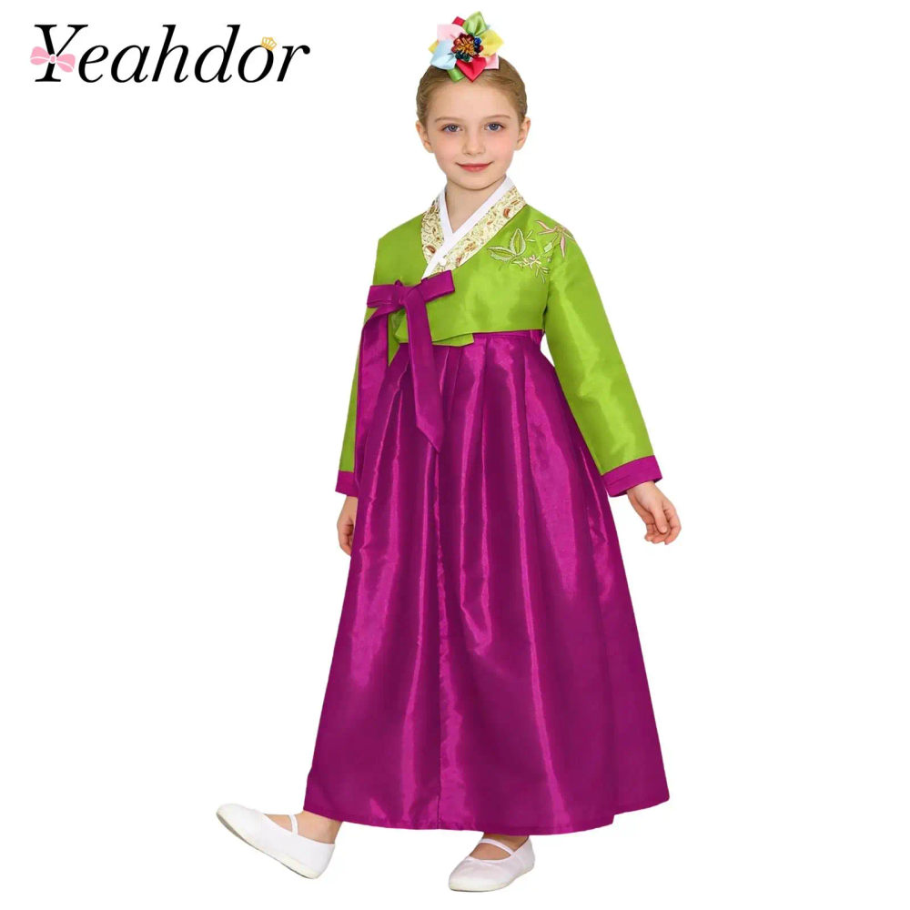 Kids Girls Korean National Hanbok Outfit Embroidery Top with Tie Up Style Long Skirt Hanbok Dress Set for Birthday Party Wedding Kids Girls Korean National Hanbok Outfit Embroidery Top with Tie Up Style Long Skirt Hanbok Dress Set for Birthday Party Wedding
