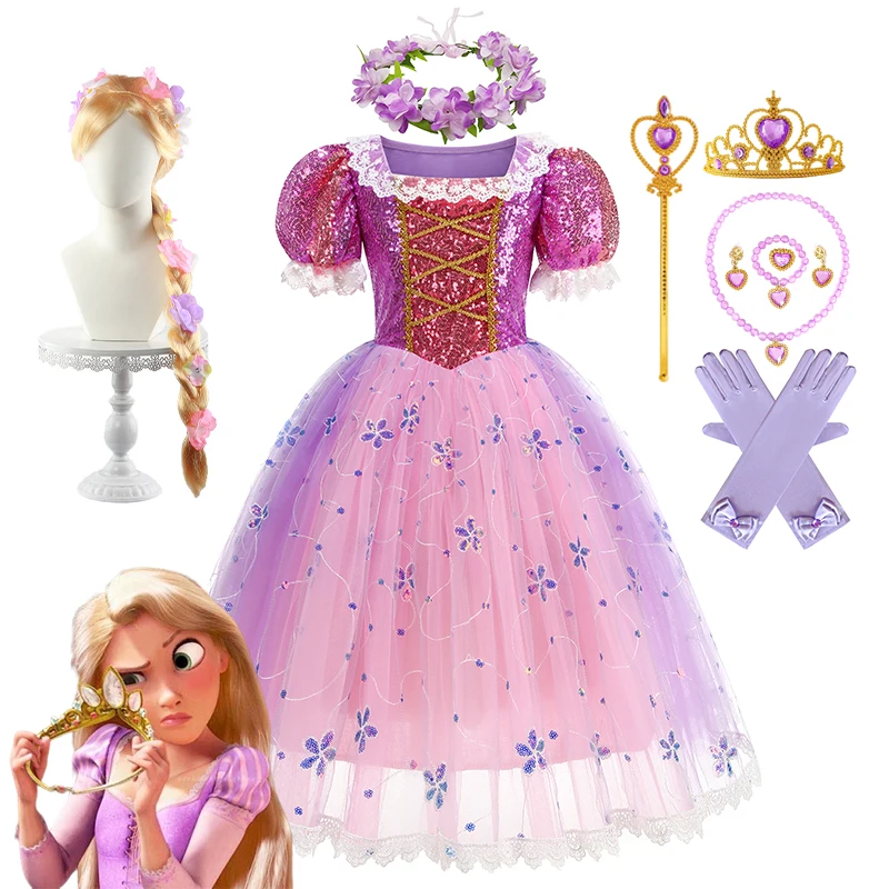 Disney Kids Cosplay Rapunzel Princess Dress Girls Tangled Costume Children Carnival Halloween Birthday Party Fancy Wigs Frock Disney Kids Cosplay Rapunzel Princess Dress Girls Tangled Costume Children Carnival Halloween Birthday Party Fancy Wigs Frock