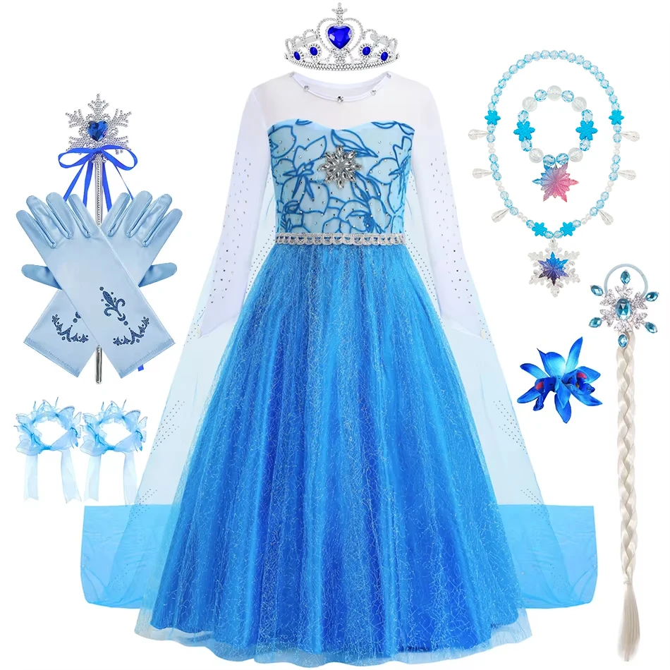 Girls Elsa Long Sleeve Dresses Kid Birthday Cosplay Mesh Fancy Princess Costume Carnival Easter Halloween Dress Up Party Vestido Girls Elsa Long Sleeve Dresses Kid Birthday Cosplay Mesh Fancy Princess Costume Carnival Easter Halloween Dress Up Party Vestido