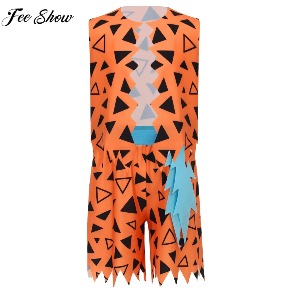 6-16Y Boys Flintstone Costume Halloween Cavemen Stone Age Primitive Man Tribe Cosplay Costume Print Vest 3D Bone Decor Shorts 6-16Y Boys Flintstone Costume Halloween Cavemen Stone Age Primitive Man Tribe Cosplay Costume Print Vest 3D Bone Decor Shorts