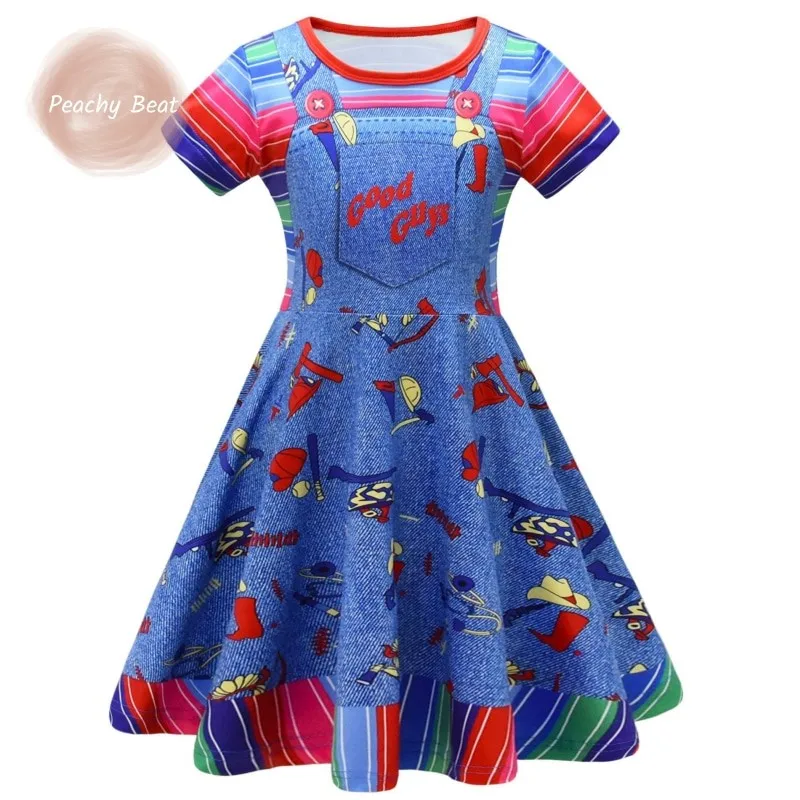 Fashion Baby Girl Chucky Custome Dress Short Sleeve Teens Child Cosplay Vestido Halloween Party Carnival Kids Clothes 4-8Y Fashion Baby Girl Chucky Custome Dress Short Sleeve Teens Child Cosplay Vestido Halloween Party Carnival Kids Clothes 4-8Y