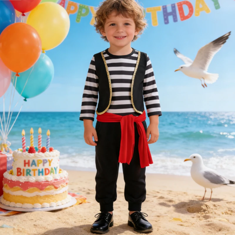 2026 Carnival Costume Boy Captain Sets Pirate Costume For Kids Striped Long Sleeve Top +Pant Suit With Eye Patch Hat Pirate Set 2026 Carnival Costume Boy Captain Sets Pirate Costume For Kids Striped Long Sleeve Top +Pant Suit With Eye Patch Hat Pirate Set