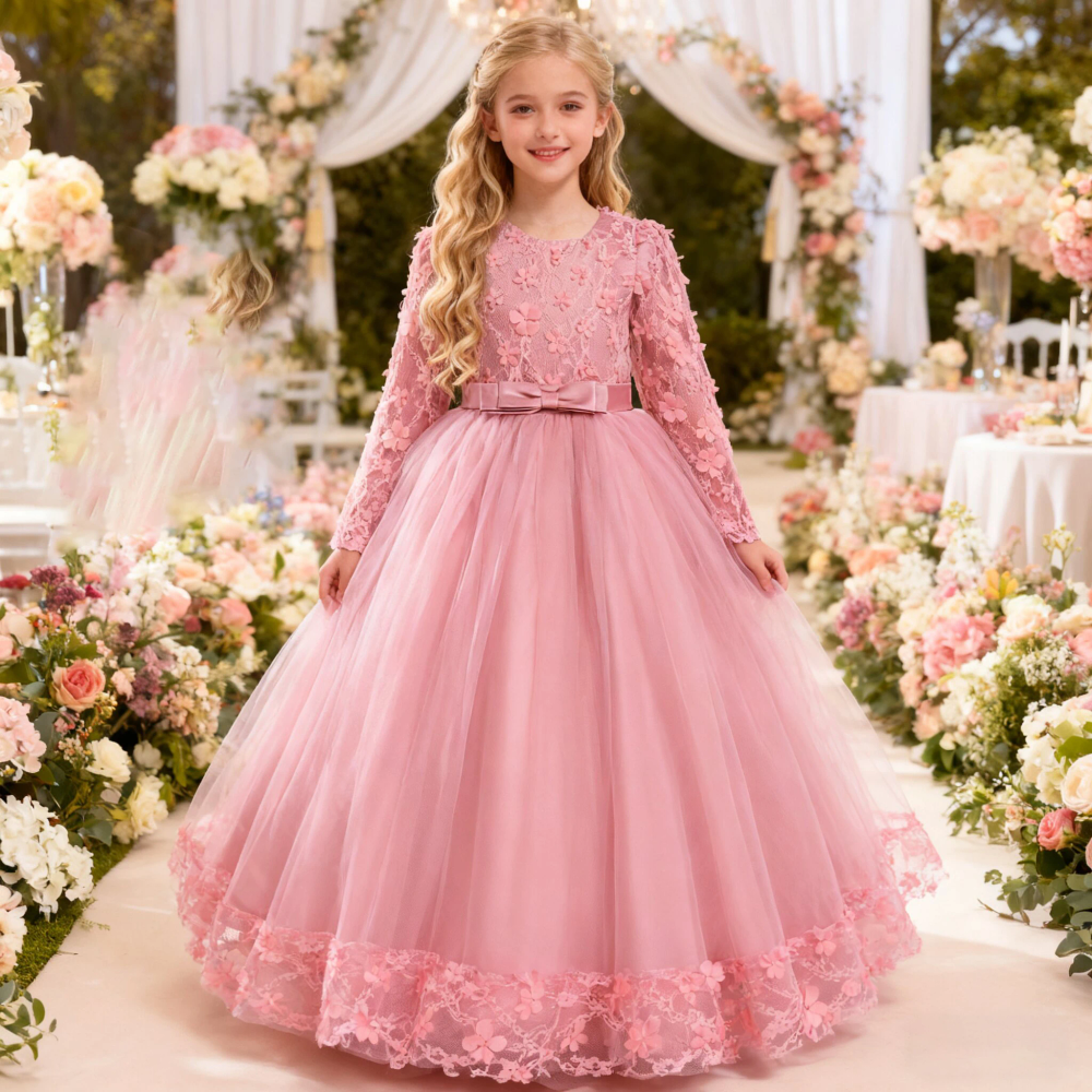 Long Sleeve Flower Bridesmaid Girls Dress Children Christmas Costume Lace Bow Princess Kids Dressees For Girl Party Wedding Gown Long Sleeve Flower Bridesmaid Girls Dress Children Christmas Costume Lace Bow Princess Kids Dressees For Girl Party Wedding Gown