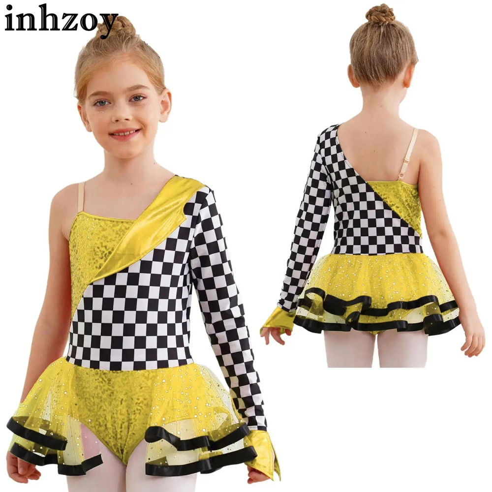 Teen Girls Halloween Racer Racing Car Driver Cosplay Costume One Shoulder Checkerboard Sequins Tutu Leotard Dress for Carnival Teen Girls Halloween Racer Racing Car Driver Cosplay Costume One Shoulder Checkerboard Sequins Tutu Leotard Dress for Carnival