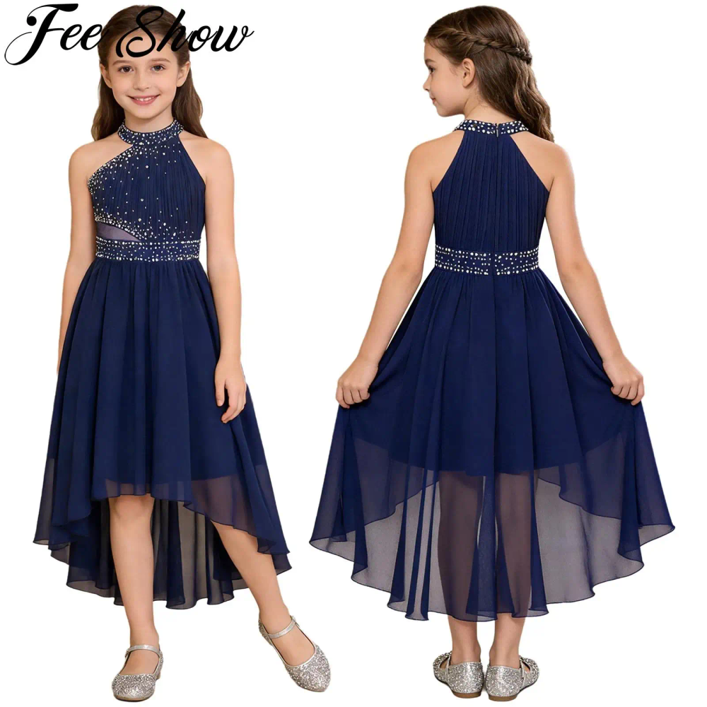 Kid Flower Girls Princess Dress Shiny Rhinestone Sleeveless High-Low Skirt Chiffon Dresses for Wedding Bridesmaid Birthday Party Kid Flower Girls Princess Dress Shiny Rhinestone Sleeveless High-Low Skirt Chiffon Dresses for Wedding Bridesmaid Birthday Party