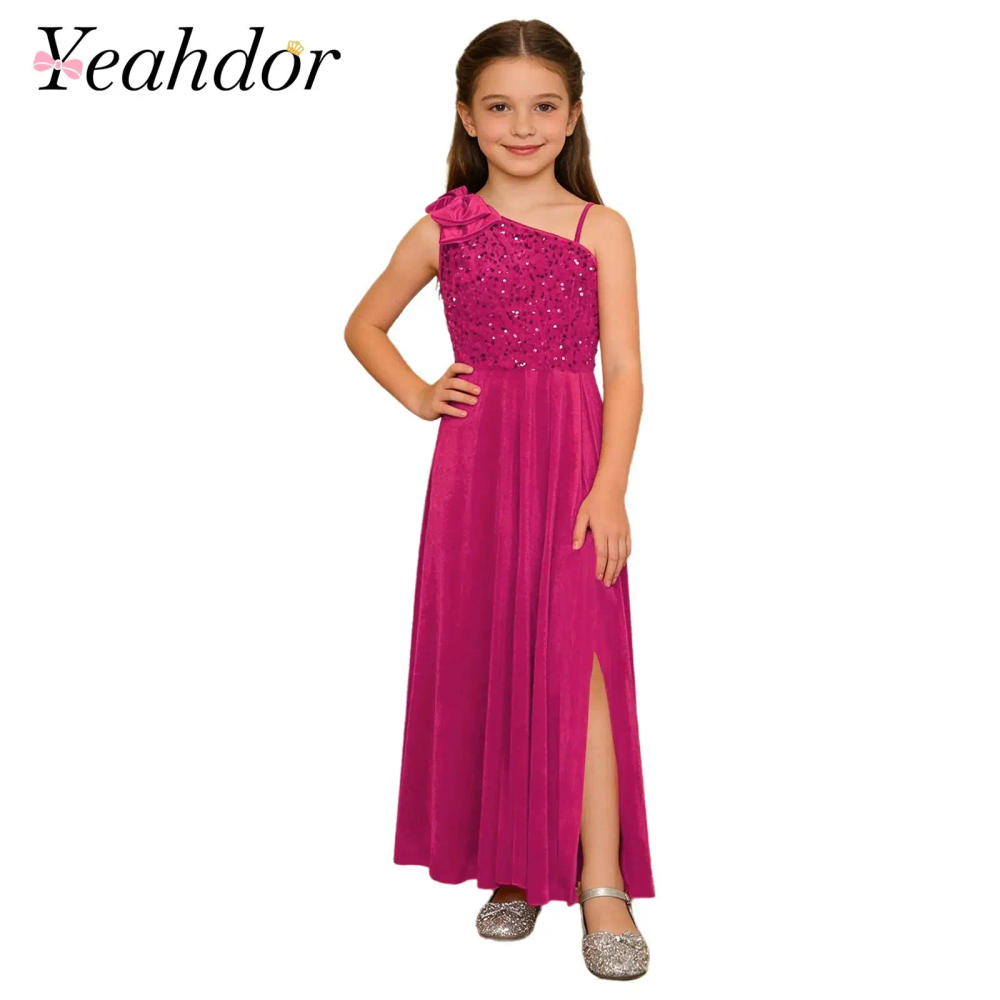 Elegant Girls Junior Bridesmaid Dress One Shoulder Slit Flower Girl Dress for Wedding Party Festive Costume Children's Dresses Elegant Girls Junior Bridesmaid Dress One Shoulder Slit Flower Girl Dress for Wedding Party Festive Costume Children's Dresses