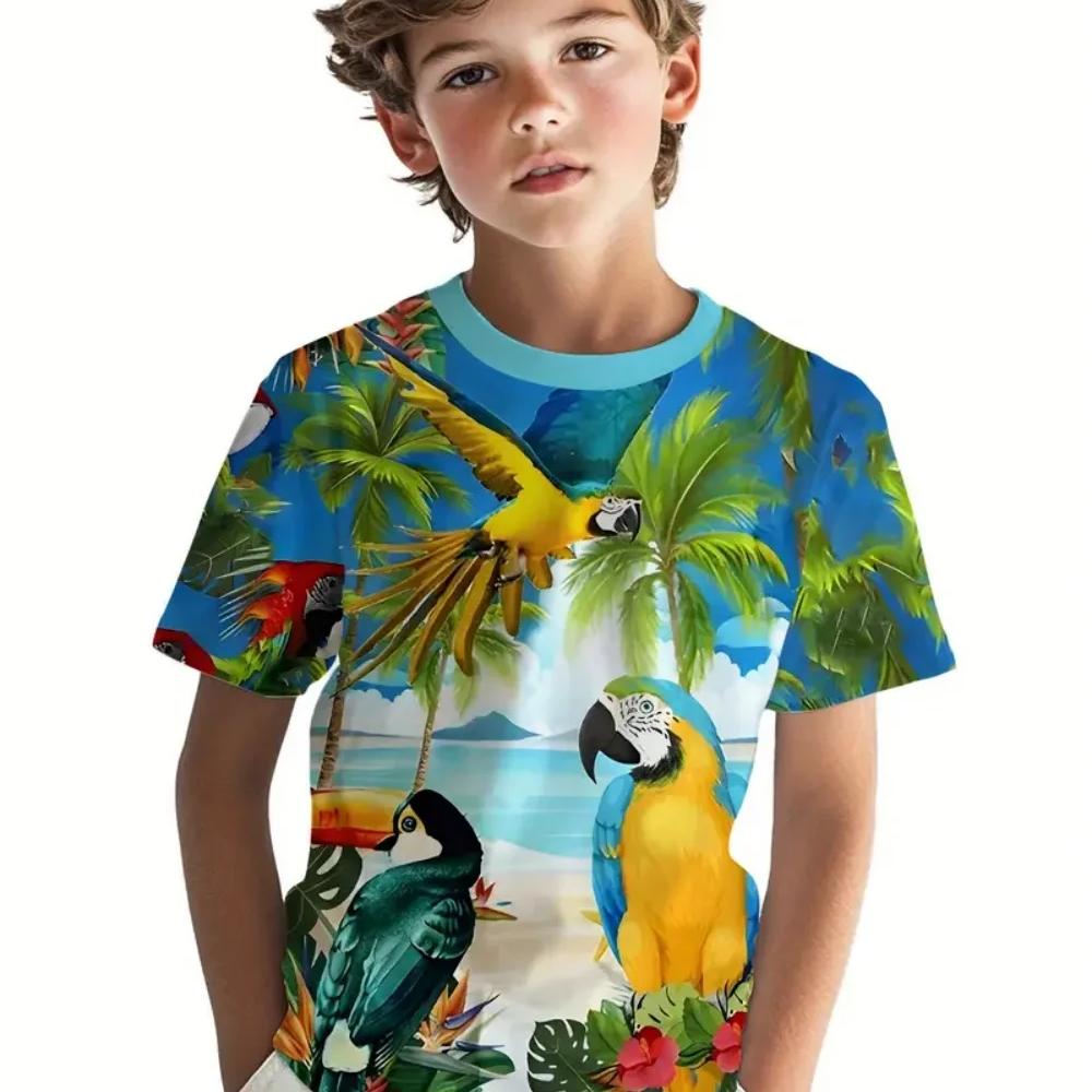 Kids' Tropical Macaw Parrots Beach Print Short Sleeve T-Shirt Summer Animal Graphic Tee Kids' Tropical Macaw Parrots Beach Print Short Sleeve T-Shirt Summer Animal Graphic Tee