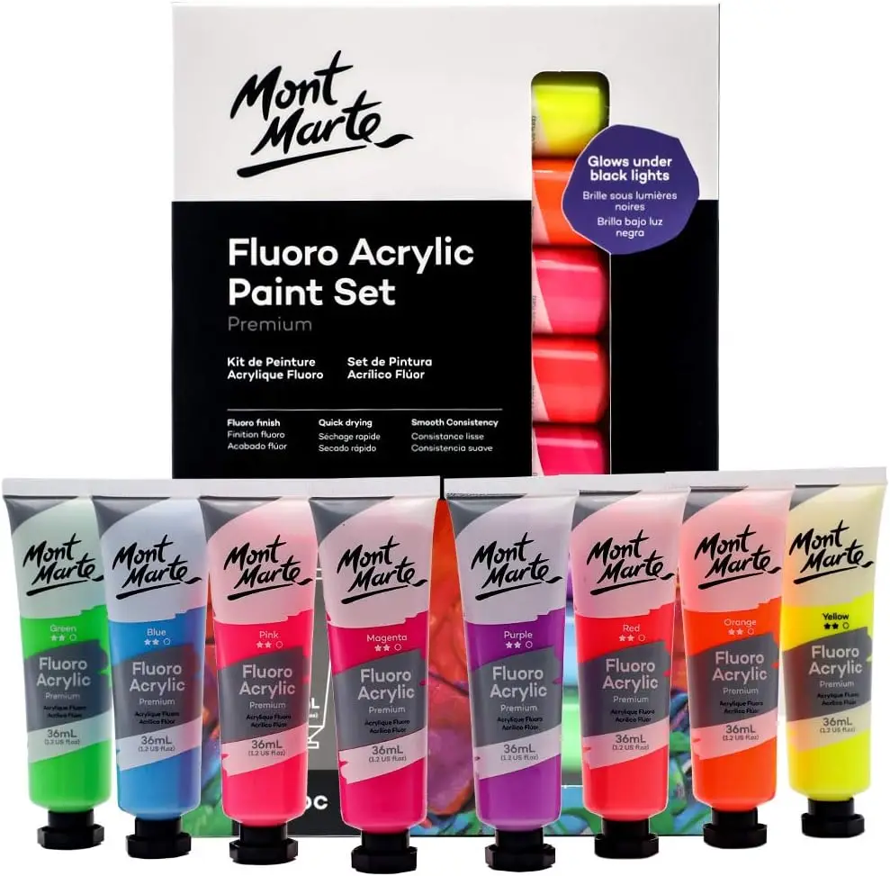 Fluorescent Acrylic Paint Set, 8 Colors in 36ml Tubes, Glows Under Black Light for Canvas and Wood Fluorescent Acrylic Paint Set, 8 Colors in 36ml Tubes, Glows Under Black Light for Canvas and Wood