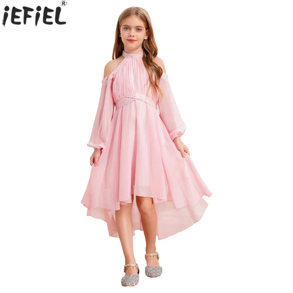 Kids Girls Elegant Party Dress Halter Off-shoulder High Waist Ruffled Chiffon Dresses Wedding Birthday Pageant Evening Prom Gown Kids Girls Elegant Party Dress Halter Off-shoulder High Waist Ruffled Chiffon Dresses Wedding Birthday Pageant Evening Prom Gown