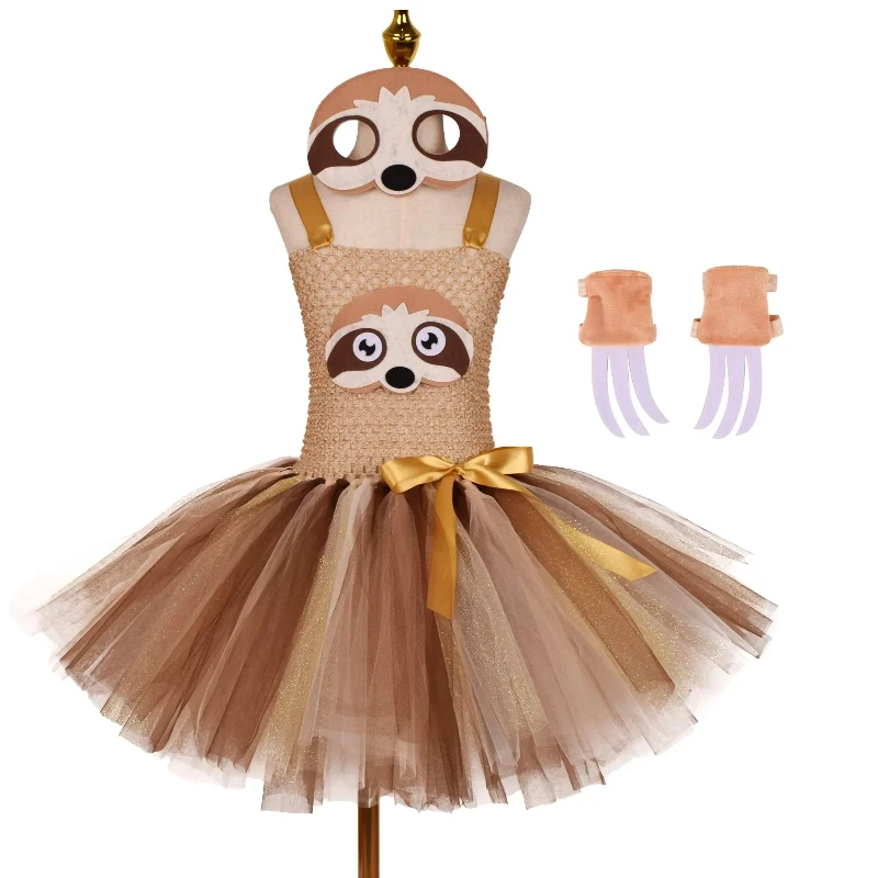 Girl Sloth Tutu Dress for Halloween Cosplay Costume Tulle Outfit Brown Reindeer Christmas Princess Dresses 1-12 Years Girl Sloth Tutu Dress for Halloween Cosplay Costume Tulle Outfit Brown Reindeer Christmas Princess Dresses 1-12 Years