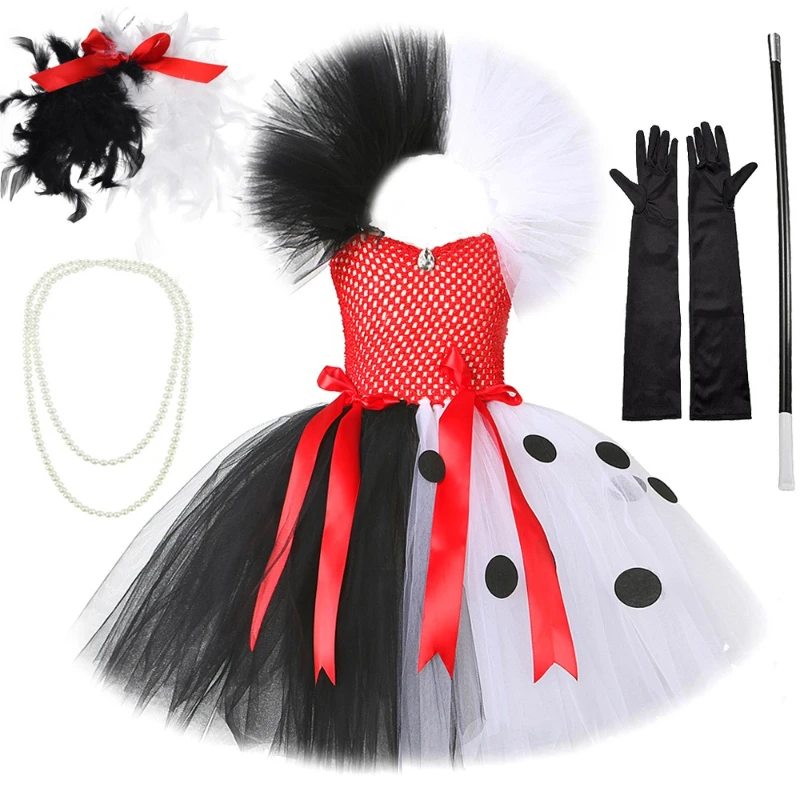 Cruella Deville Girls Costume Kids Black White Dalmatians Tutu Dress for Girls Halloween Carnival Party Villian Dress Up Clothes Cruella Deville Girls Costume Kids Black White Dalmatians Tutu Dress for Girls Halloween Carnival Party Villian Dress Up Clothes