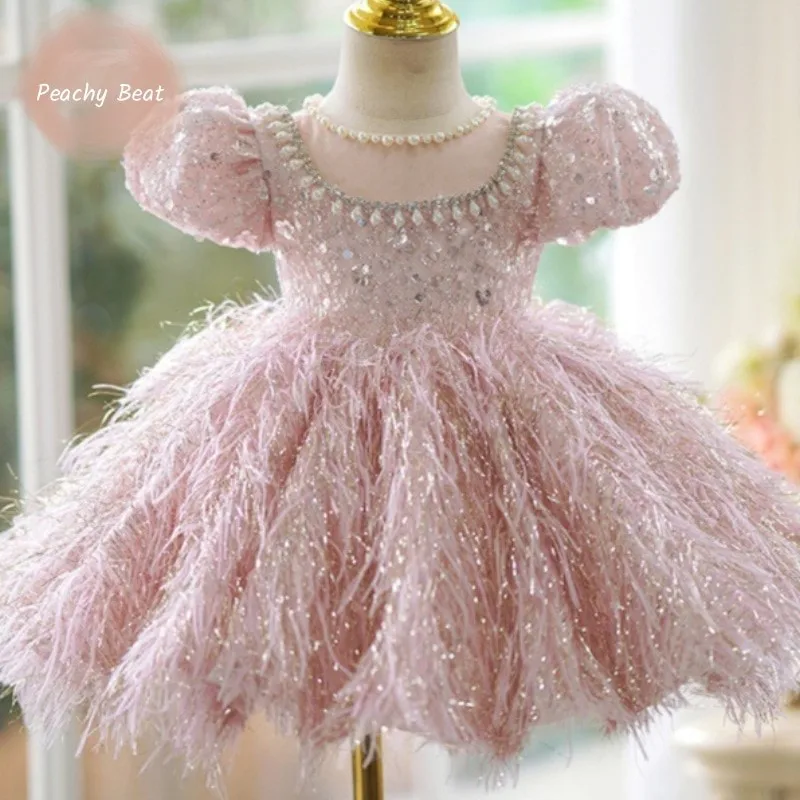 Fashion Baby Girl Princess Sequins Feather Dress Puffy Sleeve Toddler Child Pearl Vestido Party Birthday Baby Clothes 2-14Y Fashion Baby Girl Princess Sequins Feather Dress Puffy Sleeve Toddler Child Pearl Vestido Party Birthday Baby Clothes 2-14Y