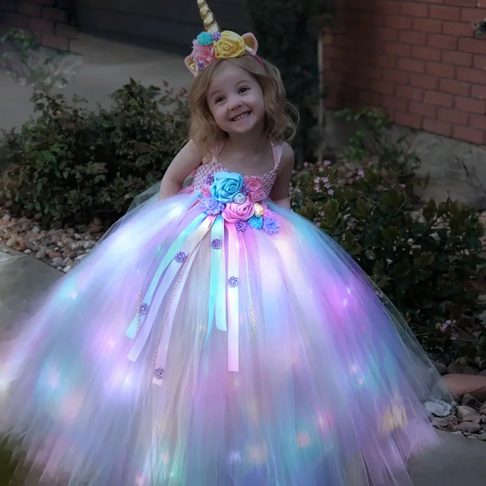Gilrs Long LED Unicorn Tutu Dress Girls Knee Dress Kids Birthday Party Princess Costume for Halloween Xmas Ball Gown Dresses Gilrs Long LED Unicorn Tutu Dress Girls Knee Dress Kids Birthday Party Princess Costume for Halloween Xmas Ball Gown Dresses