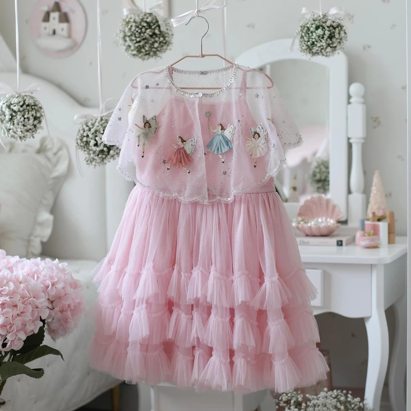 Girls Cake Layered Dress Children Spaghetti Strap Tulle Gown with Shawl Cape Party Pageant Formal Celebration Dresses Costume Girls Cake Layered Dress Children Spaghetti Strap Tulle Gown with Shawl Cape Party Pageant Formal Celebration Dresses Costume