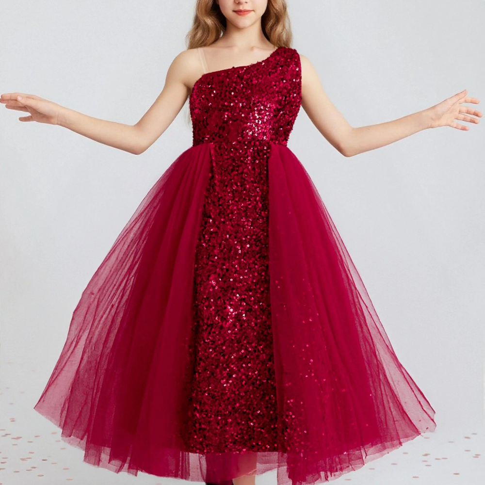 8-12yrs old Kids One shoulder Red Sequin Wedding Party Dresses Birthday Gift Evening Gown Dresses for Girls 8-12yrs old Kids One shoulder Red Sequin Wedding Party Dresses Birthday Gift Evening Gown Dresses for Girls