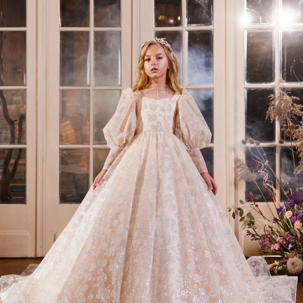 Girls Luxurious Sequined A-line Long Princess Gown Birthday Party Wear Elegant Sparkly High Collar Kids Dresses For Performance Girls Luxurious Sequined A-line Long Princess Gown Birthday Party Wear Elegant Sparkly High Collar Kids Dresses For Performance