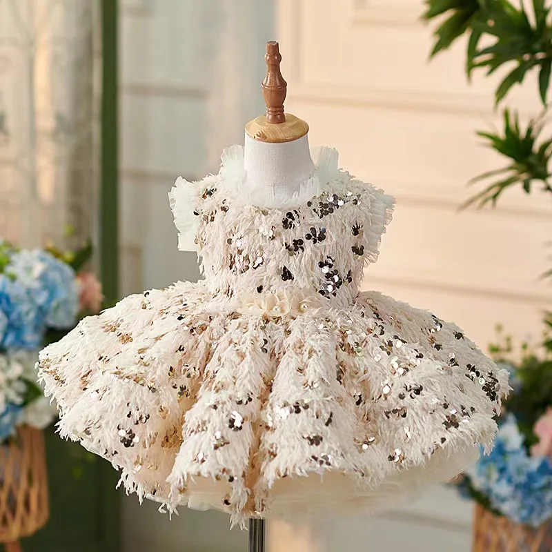 2026 Girl Sequin Tassel One Year Old Dress New Baby's Birthday White Princess Children Flower Girl Wedding Elegant Formal Gown 2026 Girl Sequin Tassel One Year Old Dress New Baby's Birthday White Princess Children Flower Girl Wedding Elegant Formal Gown