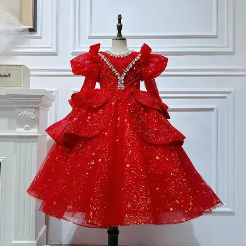 2025 Kids Dress Performance Outfit Girls Flower Girl Birthday Princess Dresses Sparkly Party Clothes Kids Sequin Puffy Gown Red 2025 Kids Dress Performance Outfit Girls Flower Girl Birthday Princess Dresses Sparkly Party Clothes Kids Sequin Puffy Gown Red