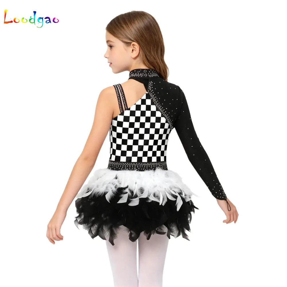 Kids Girls Sparkly Rhinestone Ballet Dance Dress Asymmetrical Sleeve Feather Skirted Leotard for Lyrical Performance Competition Kids Girls Sparkly Rhinestone Ballet Dance Dress Asymmetrical Sleeve Feather Skirted Leotard for Lyrical Performance Competition