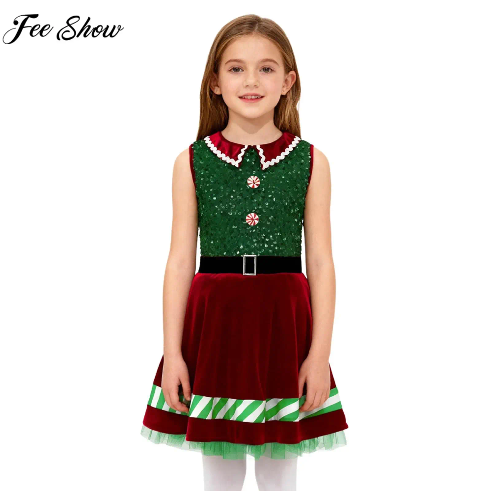 Kids Girls Christmas Party Dress Xmas Elf Santa Helper Cosplay Costume Sleeveless Shiny Sequins Zipper Holiday Mesh Tutu Dresses Kids Girls Christmas Party Dress Xmas Elf Santa Helper Cosplay Costume Sleeveless Shiny Sequins Zipper Holiday Mesh Tutu Dresses