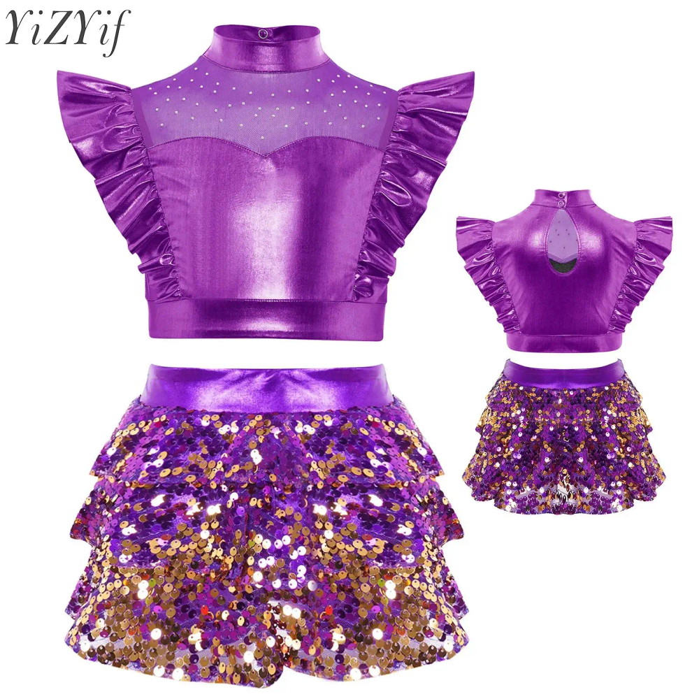 Kids Girls Latin Jazz Dance Sets Ballerina Performance Costume Rhinestone Ruffle Crop Top with Sequins Tiered Ruffled Culottes Kids Girls Latin Jazz Dance Sets Ballerina Performance Costume Rhinestone Ruffle Crop Top with Sequins Tiered Ruffled Culottes