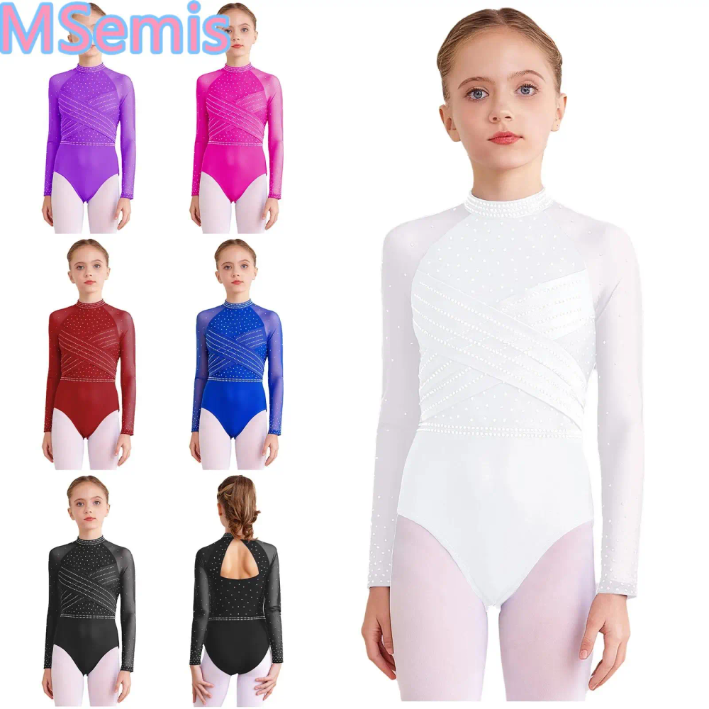 Kids Girls Cutout Back Dance Leotard Sheer Mesh Long Sleeves Cross Front Sparkling Rhinestones Bodysuit Dancewear Kids Girls Cutout Back Dance Leotard Sheer Mesh Long Sleeves Cross Front Sparkling Rhinestones Bodysuit Dancewear