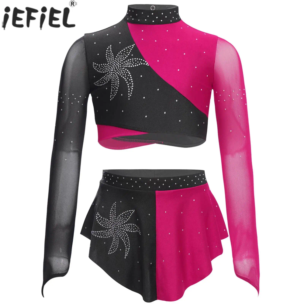 Girls Shiny Rhinestone Modern Lyrical Dance Outfit Long Sleeve Crop Top Leotard Skirt Figure Skating Ballet Performance Costume Girls Shiny Rhinestone Modern Lyrical Dance Outfit Long Sleeve Crop Top Leotard Skirt Figure Skating Ballet Performance Costume