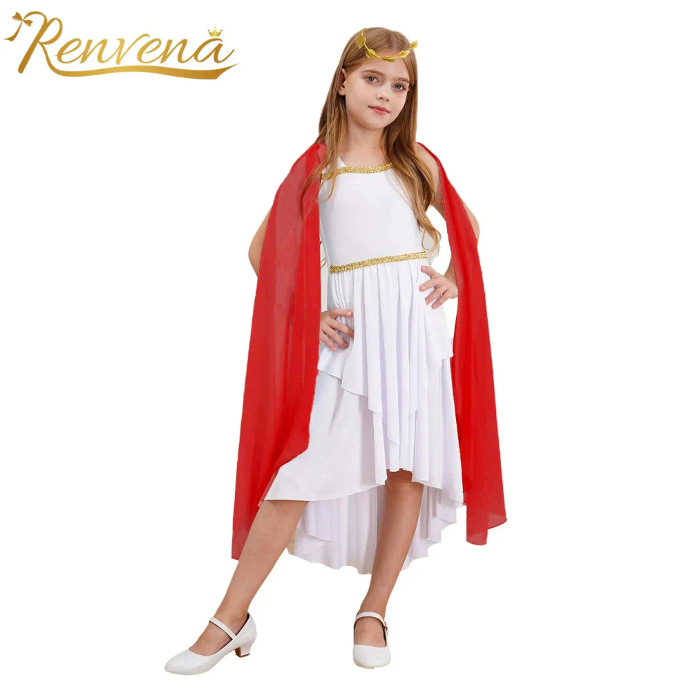 Kids Girls Halloween Ancient Greek Princess Toga Costume Roman Greece Flowy Dress with Headband Set Childs Carnival Outfits Kids Girls Halloween Ancient Greek Princess Toga Costume Roman Greece Flowy Dress with Headband Set Childs Carnival Outfits