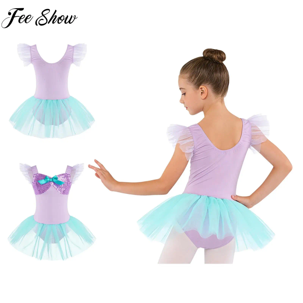 Kids Girls Tutu Ballet Ballerina Dance Practice Performance Costume Ruffled Sleeves Bow Sequin Leotards Patchwork Tulle Skirted Kids Girls Tutu Ballet Ballerina Dance Practice Performance Costume Ruffled Sleeves Bow Sequin Leotards Patchwork Tulle Skirted