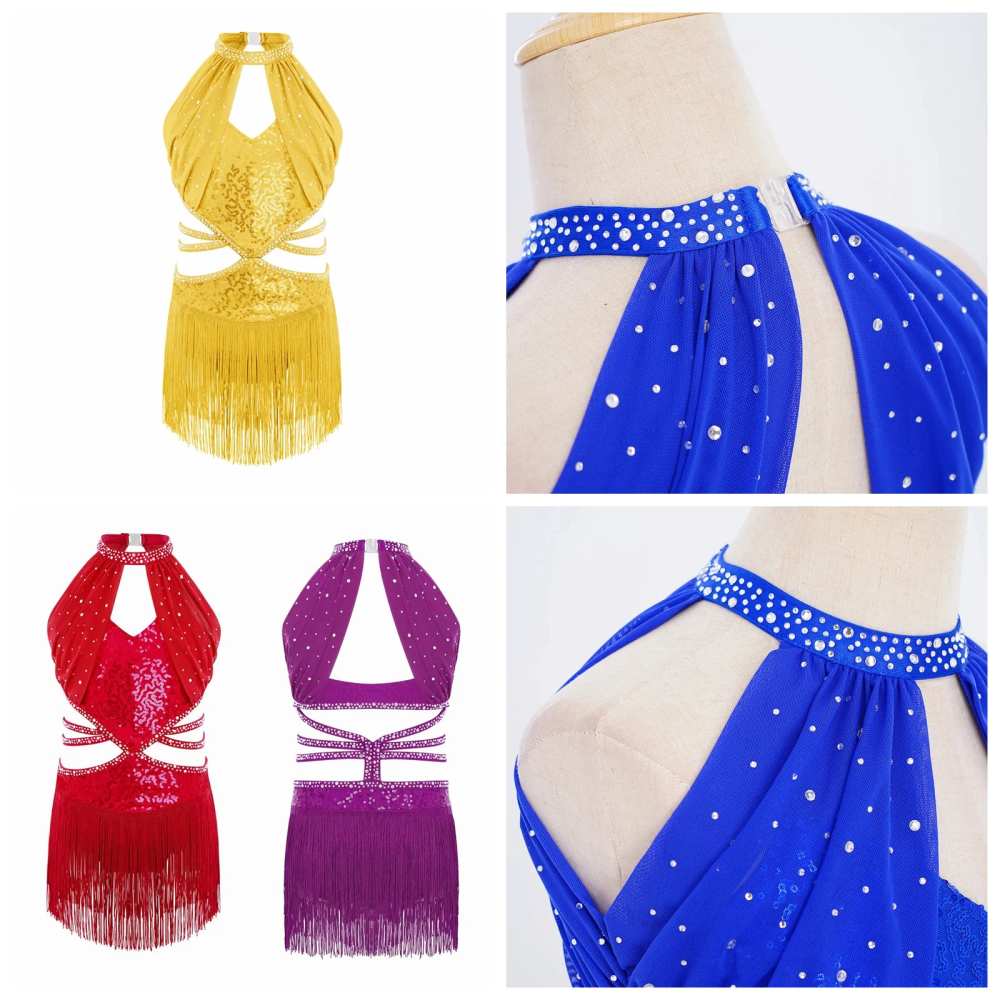 Girls Samba Salsa Jazz Tango Dancewear Kids Latin Dance Dress Sleeveless Mesh Overlay Cutout Tassel Sequin Cha-cha Leotard Dress Girls Samba Salsa Jazz Tango Dancewear Kids Latin Dance Dress Sleeveless Mesh Overlay Cutout Tassel Sequin Cha-cha Leotard Dress