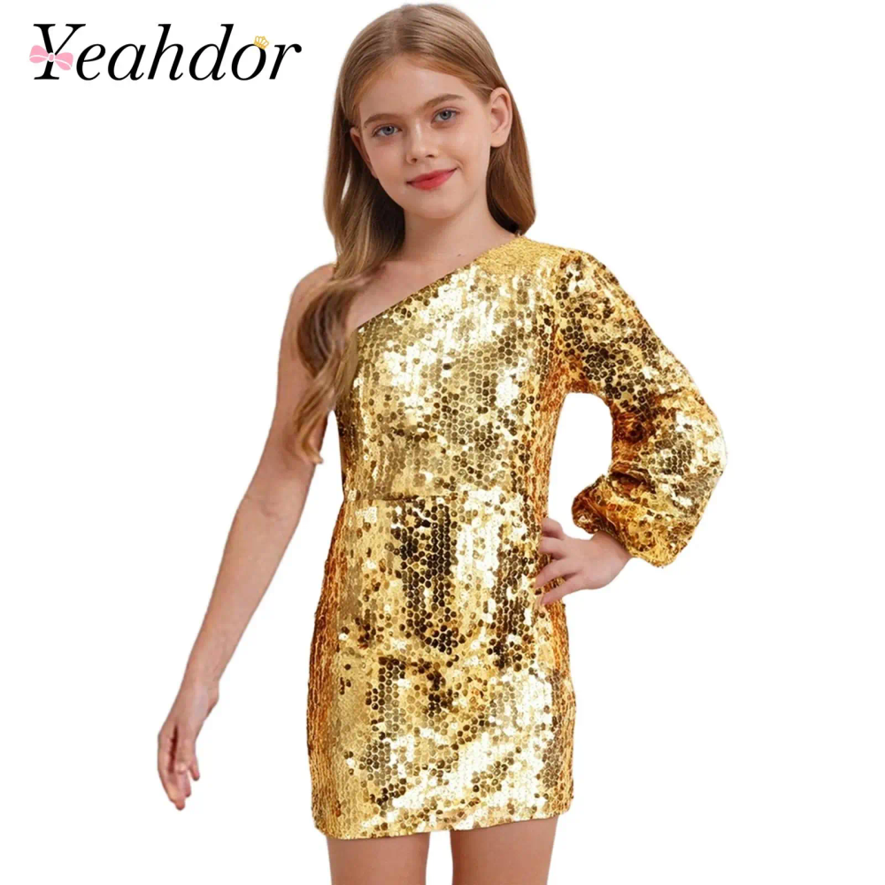 Kids Girls Sparkling Sequins Dress Music Festival Costume Above Knee Dresses for Birthday Pageant Wedding Evening Party Dress Kids Girls Sparkling Sequins Dress Music Festival Costume Above Knee Dresses for Birthday Pageant Wedding Evening Party Dress