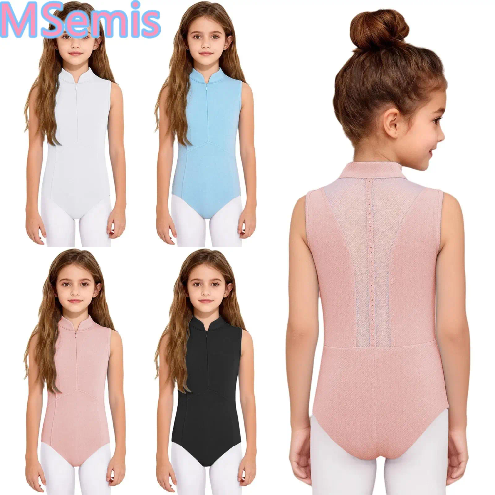 Kids Girls Figure Skating Leotard Stand Collar Front Invisible Zipper Back Sheer Mesh Rhinestones Ballet Dance Leotard Kids Girls Figure Skating Leotard Stand Collar Front Invisible Zipper Back Sheer Mesh Rhinestones Ballet Dance Leotard