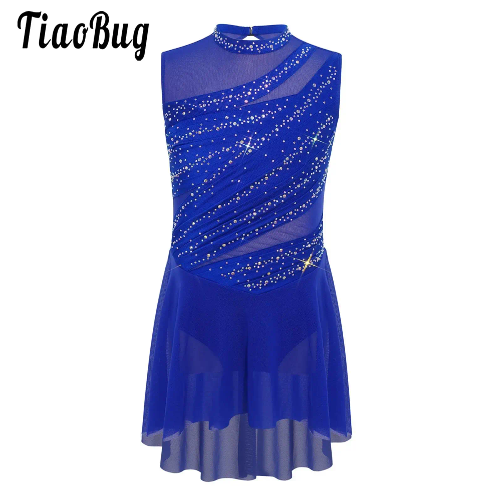 Kids Girls Leotard Figure Skating Lyrical Dance Dresses Performance Costume Sleeveless Sheer Mesh Patchwork Rhinestone Dress Kids Girls Leotard Figure Skating Lyrical Dance Dresses Performance Costume Sleeveless Sheer Mesh Patchwork Rhinestone Dress