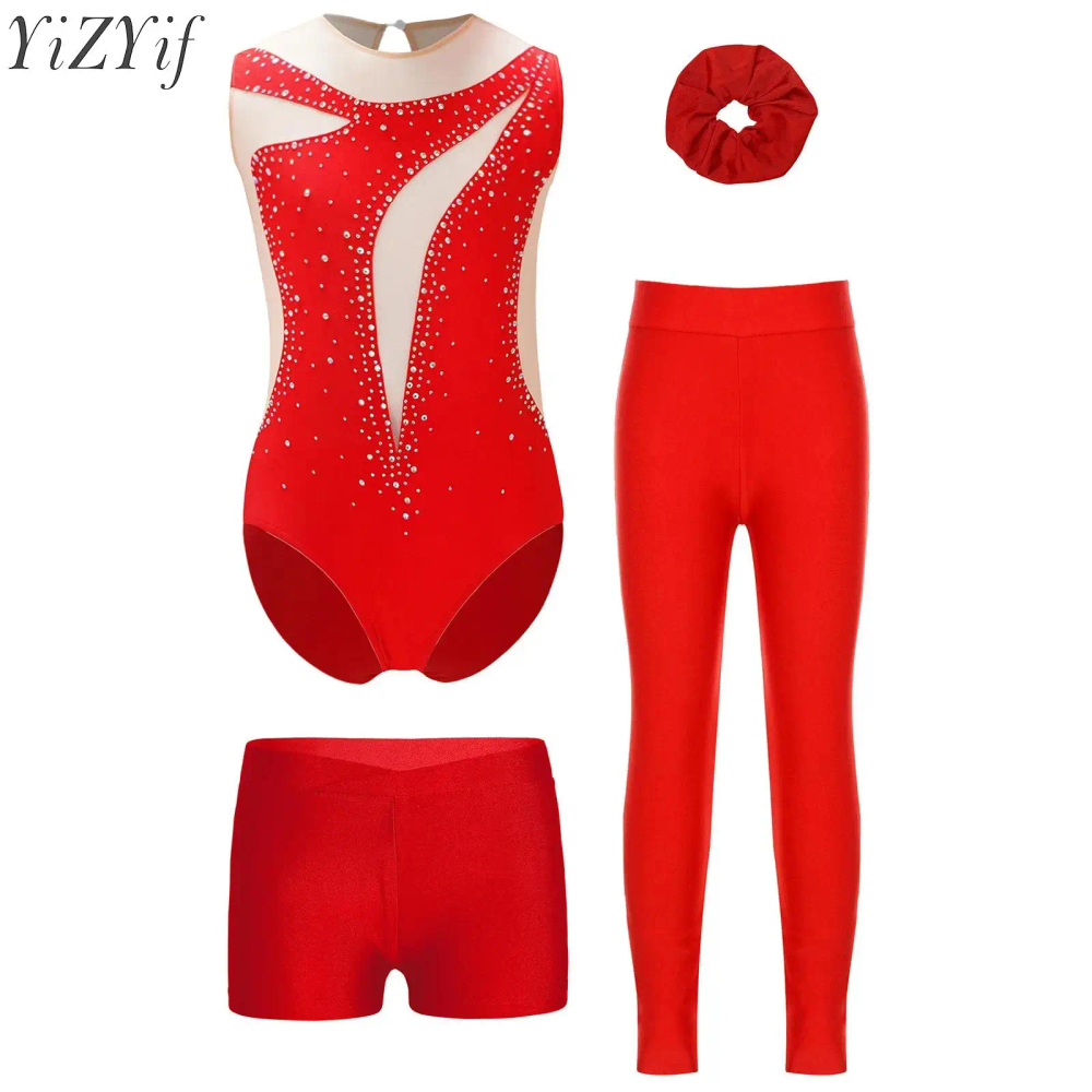 Kids Girls Ballet Dance Sets Gymnastics Figure Skating Costume Rhinestone Leotard with Shorts Leggings and Headwear Suit Outfits Kids Girls Ballet Dance Sets Gymnastics Figure Skating Costume Rhinestone Leotard with Shorts Leggings and Headwear Suit Outfits