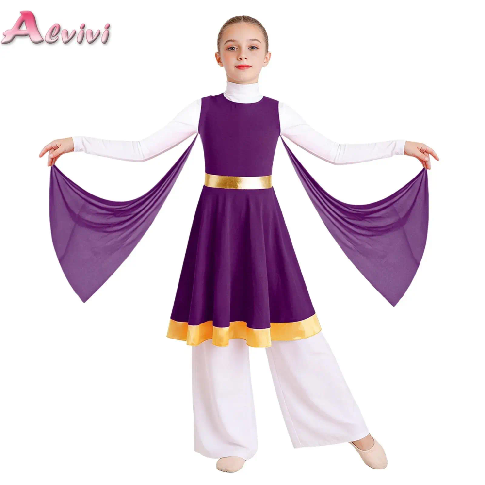 Kids Girls Liturgical Praise Dance Tunic Dress Metallic Waist Back Invisible Zipper Contrast Color Hem Dress with Mesh Drapes Kids Girls Liturgical Praise Dance Tunic Dress Metallic Waist Back Invisible Zipper Contrast Color Hem Dress with Mesh Drapes