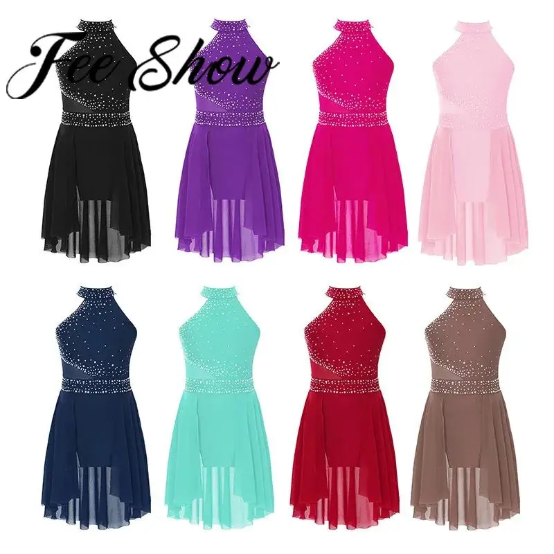 Girls Modern Lyrical Dance Performance Costume Shiny Rhinestone Mesh Leotard Dress Figure Skating Ballet Gymnastics Bodysuit Girls Modern Lyrical Dance Performance Costume Shiny Rhinestone Mesh Leotard Dress Figure Skating Ballet Gymnastics Bodysuit