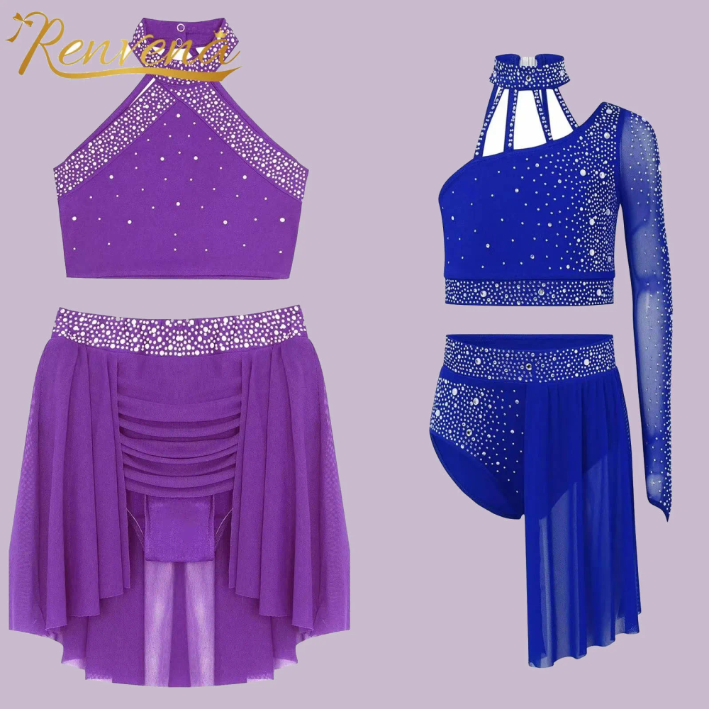 Kids Girls Sheer Mesh Crop Top + Skirt Sets Ballet Dance Costume Gymnastics Outfit Teens Contemporary Modern Lyrical Dance Wear Kids Girls Sheer Mesh Crop Top + Skirt Sets Ballet Dance Costume Gymnastics Outfit Teens Contemporary Modern Lyrical Dance Wear