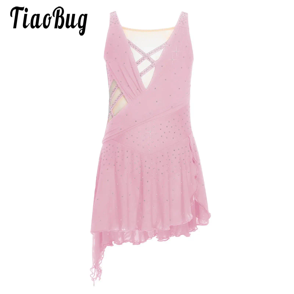 Kid Girls Lyrical Ballet Dance Dress Skating Costume Rhinestone Straps Backless Side Slit Flowy Irregular Hem Leotard Tutu Dress Kid Girls Lyrical Ballet Dance Dress Skating Costume Rhinestone Straps Backless Side Slit Flowy Irregular Hem Leotard Tutu Dress