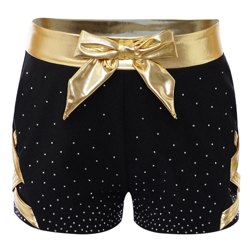 Kids Girls Gymnastics Sports Dance Shorts Bottoms Metallic Bow Elastic Waistband Sides Crisscross Shiny Rhinestones Booty Shorts Kids Girls Gymnastics Sports Dance Shorts Bottoms Metallic Bow Elastic Waistband Sides Crisscross Shiny Rhinestones Booty Shorts