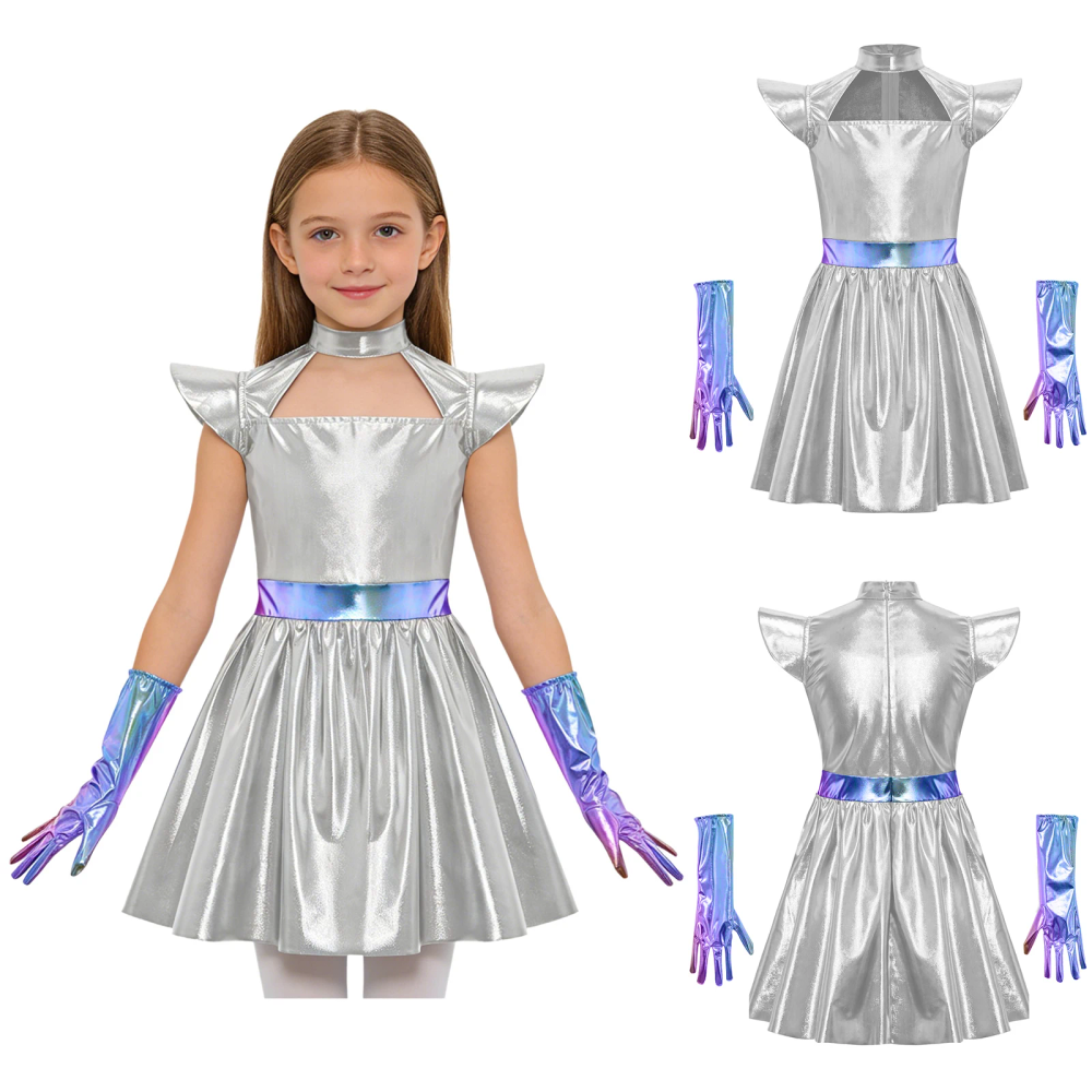 Girls Alien Space Robot Astronaut Galaxy Warrior Costume Metallic Shiny Zipper Dress with Gloves for Halloween Cosplay Party Girls Alien Space Robot Astronaut Galaxy Warrior Costume Metallic Shiny Zipper Dress with Gloves for Halloween Cosplay Party