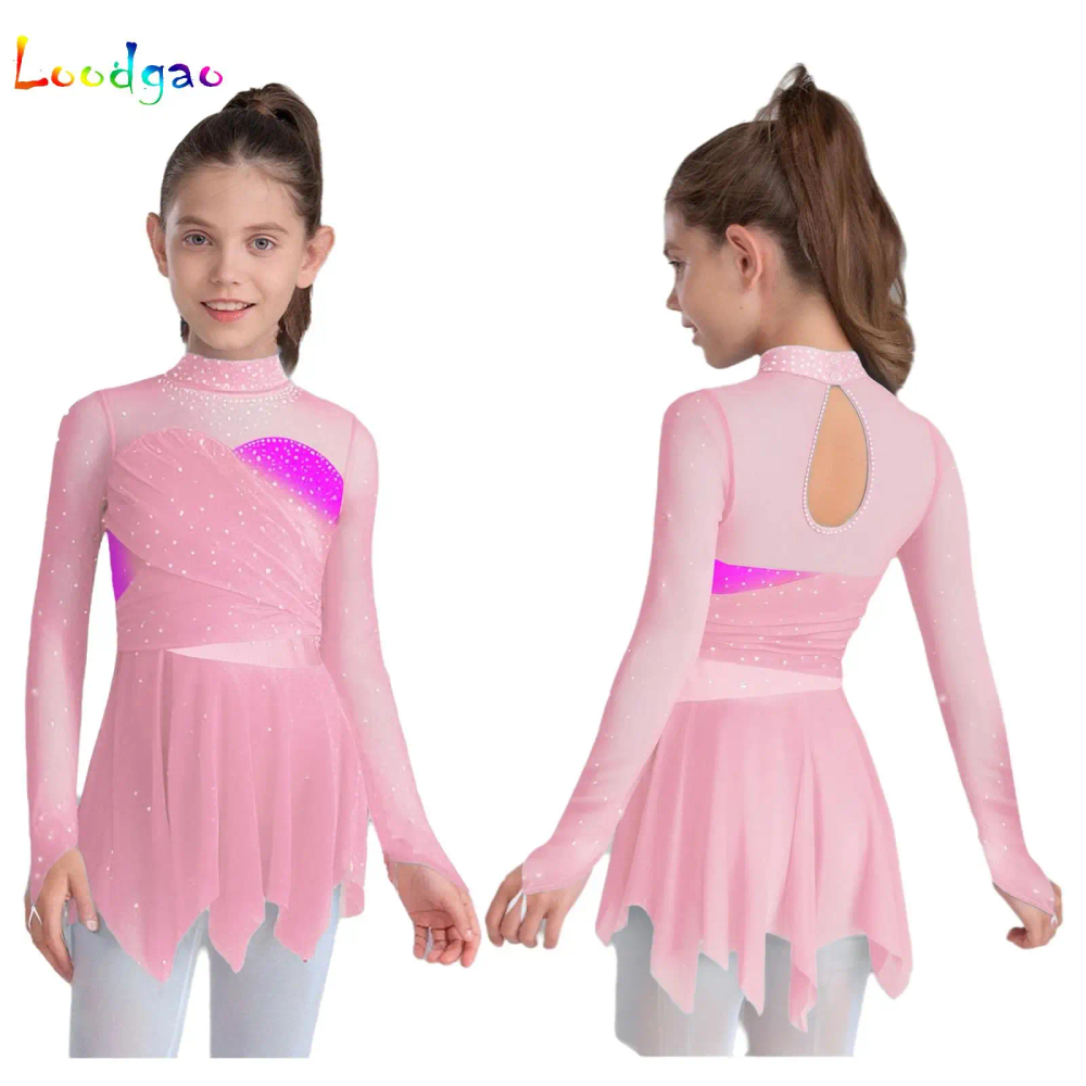 Kids Girls Ballet Dance Dress Figure Skating Gymnastics Skirted Leotard Long Sleeves Ruched Mesh Tutu Dance Performance Costume Kids Girls Ballet Dance Dress Figure Skating Gymnastics Skirted Leotard Long Sleeves Ruched Mesh Tutu Dance Performance Costume