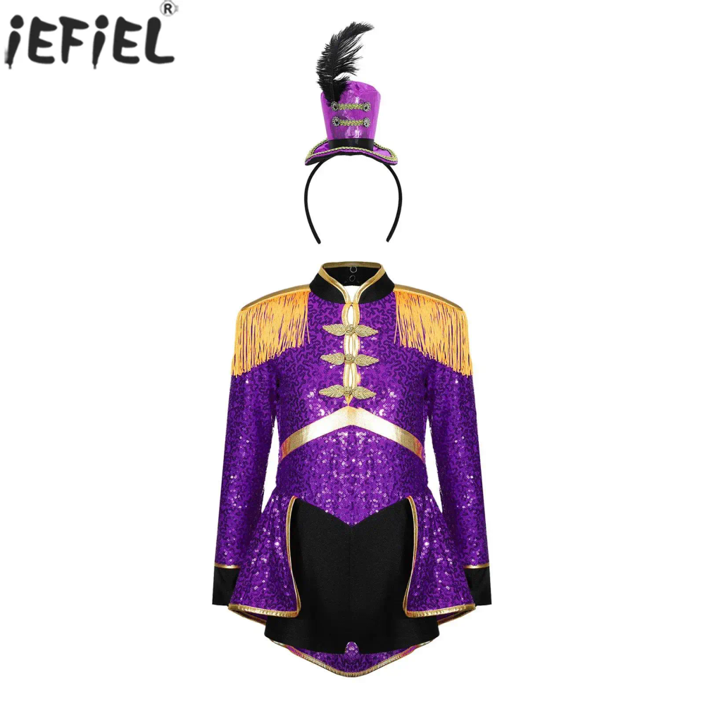 Kids Girls Circus Ringmaster Cosplay Costume Long Sleeve Sequin Bodysuit Dress with Top Hat Headband for Carnival Theme Party Kids Girls Circus Ringmaster Cosplay Costume Long Sleeve Sequin Bodysuit Dress with Top Hat Headband for Carnival Theme Party