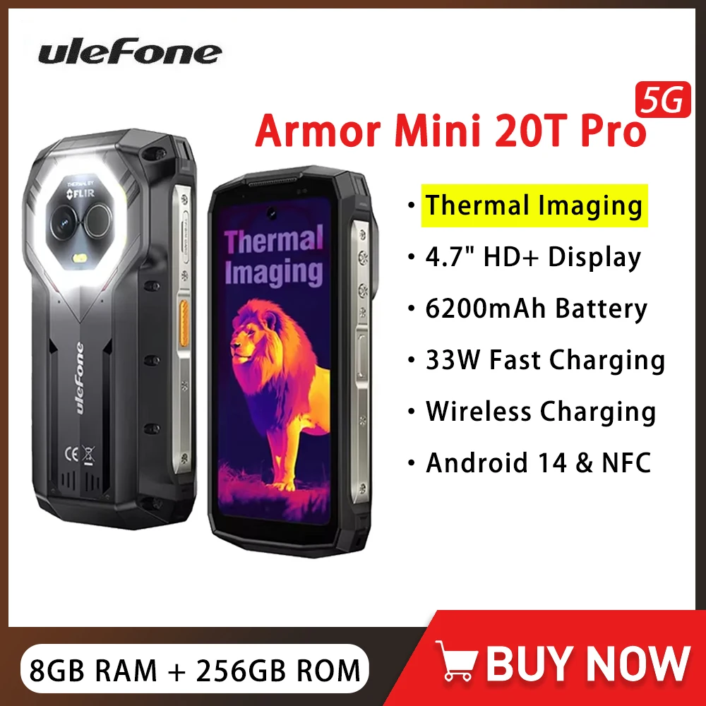 Ulefone Armor Mini 20T Pro 5G Rugged Phone Thermal lmaging 4.7Inch 8GB 256GB 6200mAh 33W Fast Charge Small Smartphone Android 14