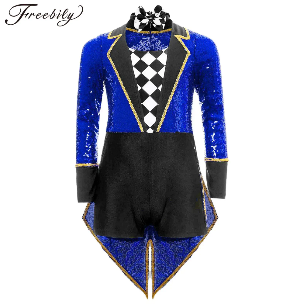 Kids Halloween Circus Ringmaster Magician Cosplay Costume Sequins Long Sleeve Bow Tie Tailcoat Bodysuit Carnival Party Outfits Kids Halloween Circus Ringmaster Magician Cosplay Costume Sequins Long Sleeve Bow Tie Tailcoat Bodysuit Carnival Party Outfits
