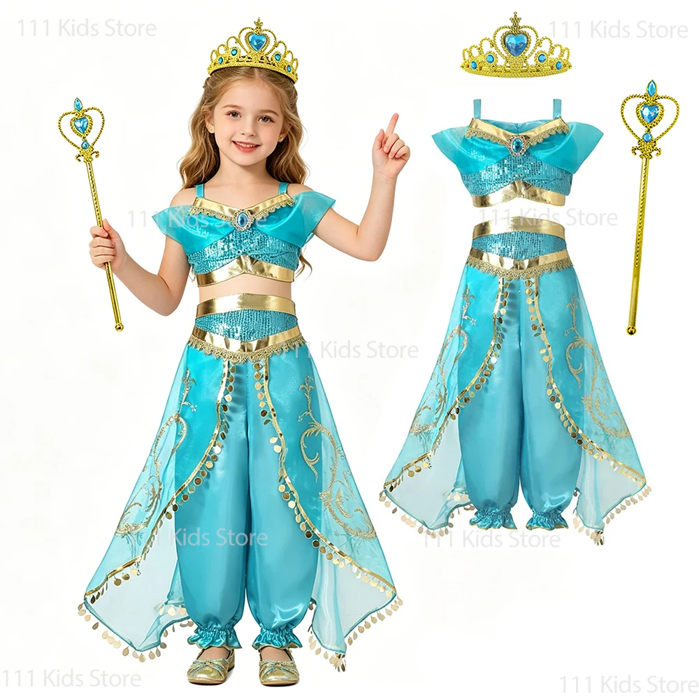 Arabian Princess Costume Girls Birthday Party Gown Children Jasmine Princess Cosplay Sets with Accessory Carnival Perform Outfit Arabian Princess Costume Girls Birthday Party Gown Children Jasmine Princess Cosplay Sets with Accessory Carnival Perform Outfit