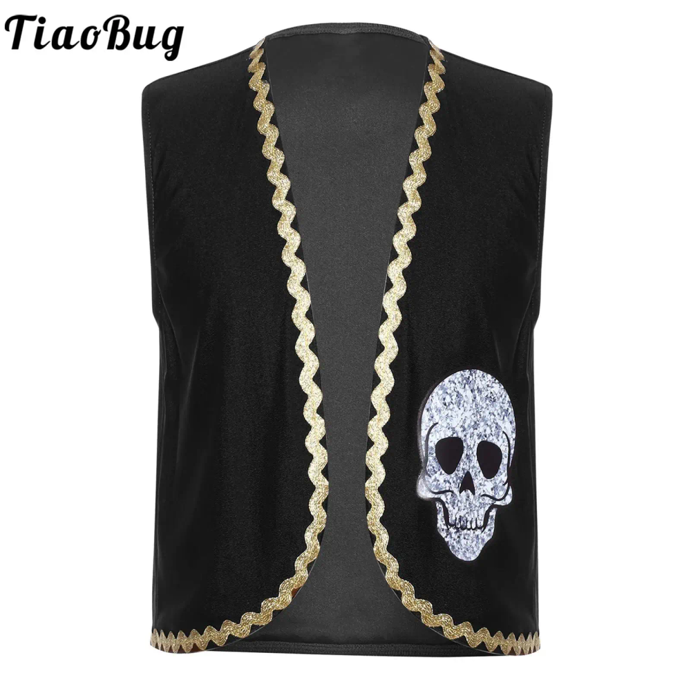 Children Medieval Pirate Captain Cosplay Costume Halloween Party Renaissance Viking Dress Up Open Front Skull Bones Print Vest Children Medieval Pirate Captain Cosplay Costume Halloween Party Renaissance Viking Dress Up Open Front Skull Bones Print Vest