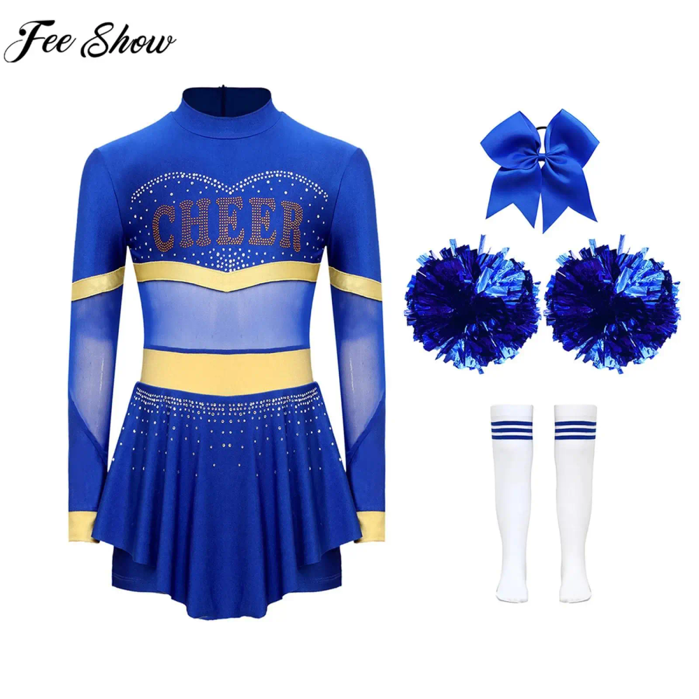 Girls Cheerleading Costume Leotard Dress with Hand Flower Hair Tie Socks for Halloween Carnival Sports Meeting School Party Girls Cheerleading Costume Leotard Dress with Hand Flower Hair Tie Socks for Halloween Carnival Sports Meeting School Party